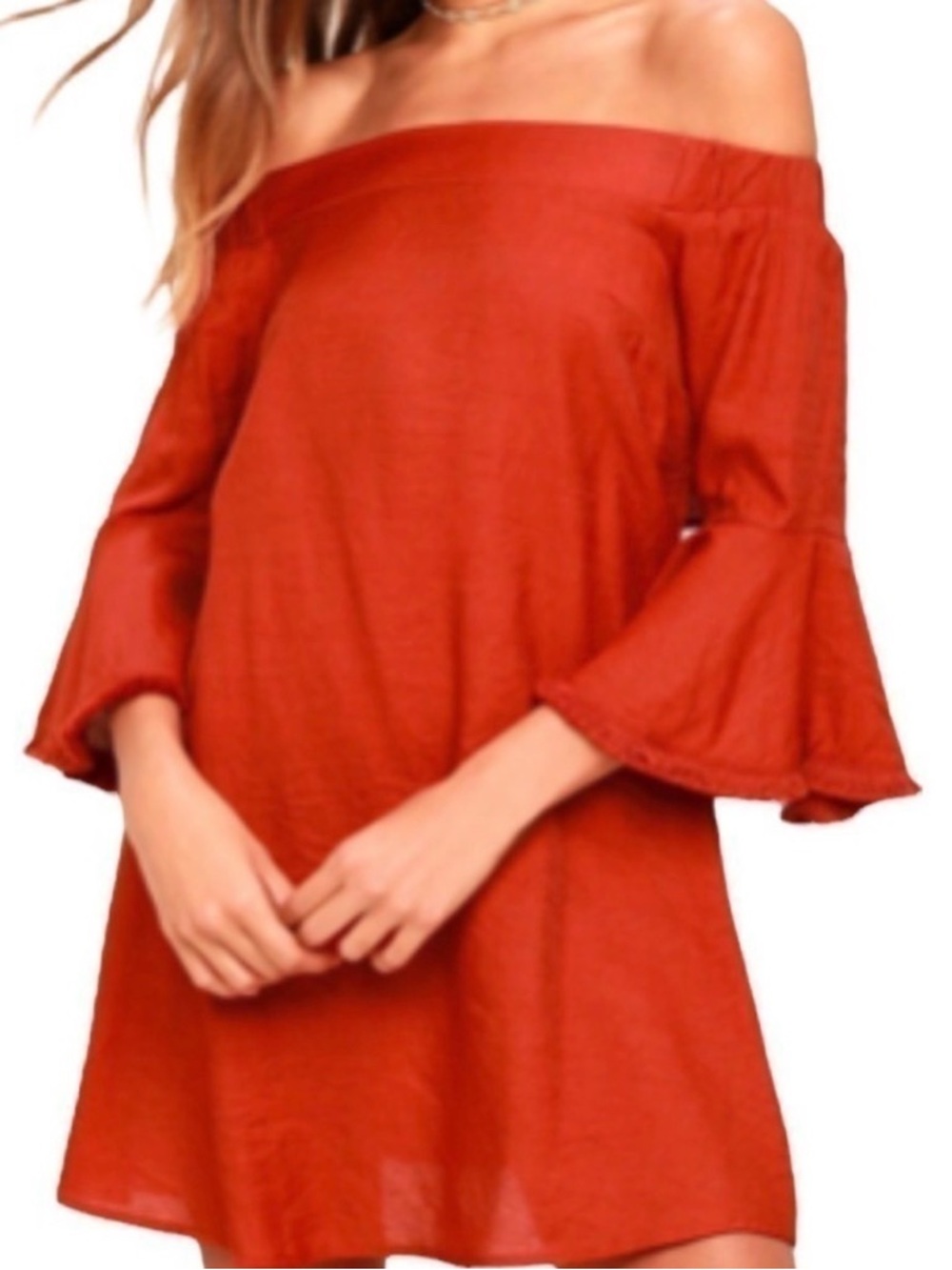 NWOT Lulus Off the Shoulder Bell Sleeve Tunic Dress - Rust Orange, Open Back